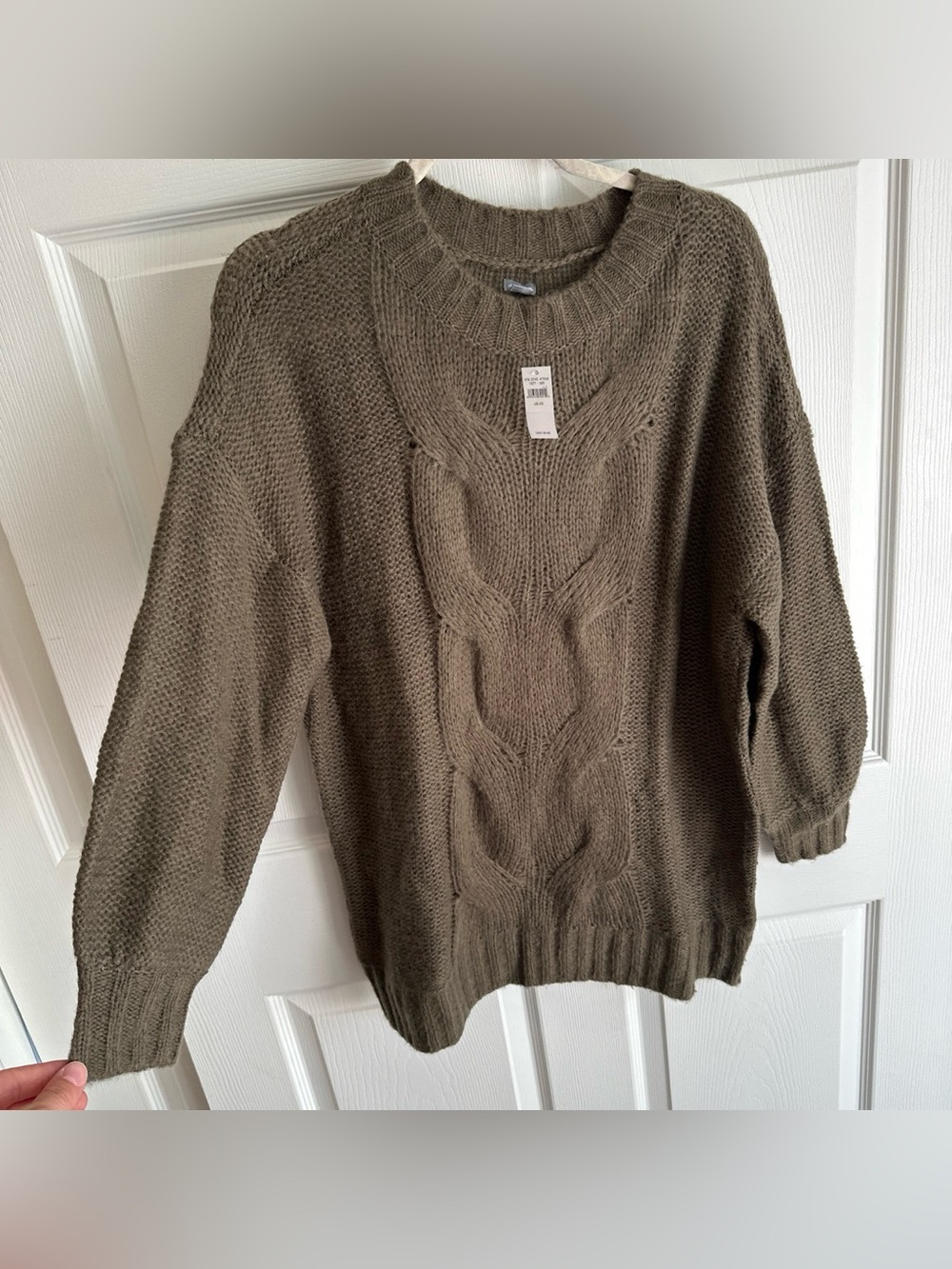 aerie Taupe Crewneck Cable Knit Sweater